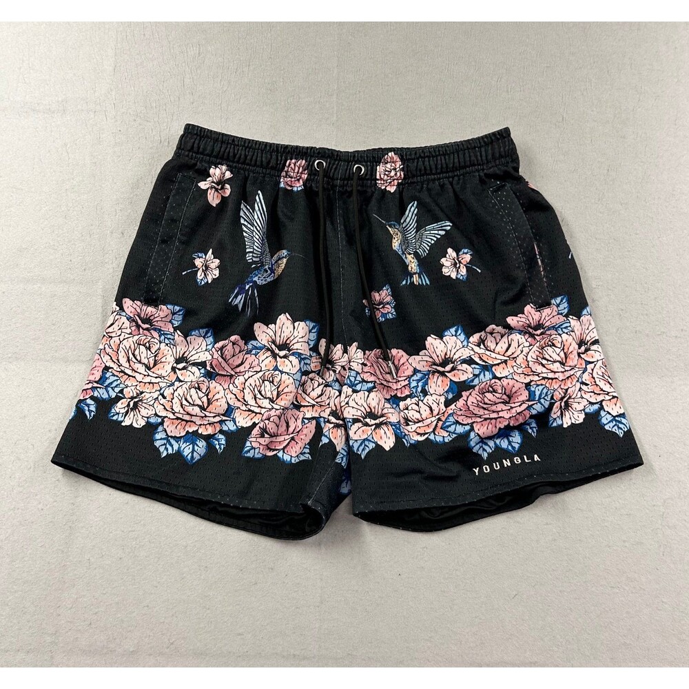 YOUNGLA Mens Black Floral Hummingbird Nest Athletic Mesh Shorts